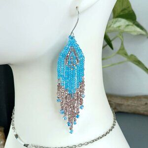 Blue & Pink Beaded Fringe Cascade Dangle Earrings, Seed Bead Jewelry, 4"